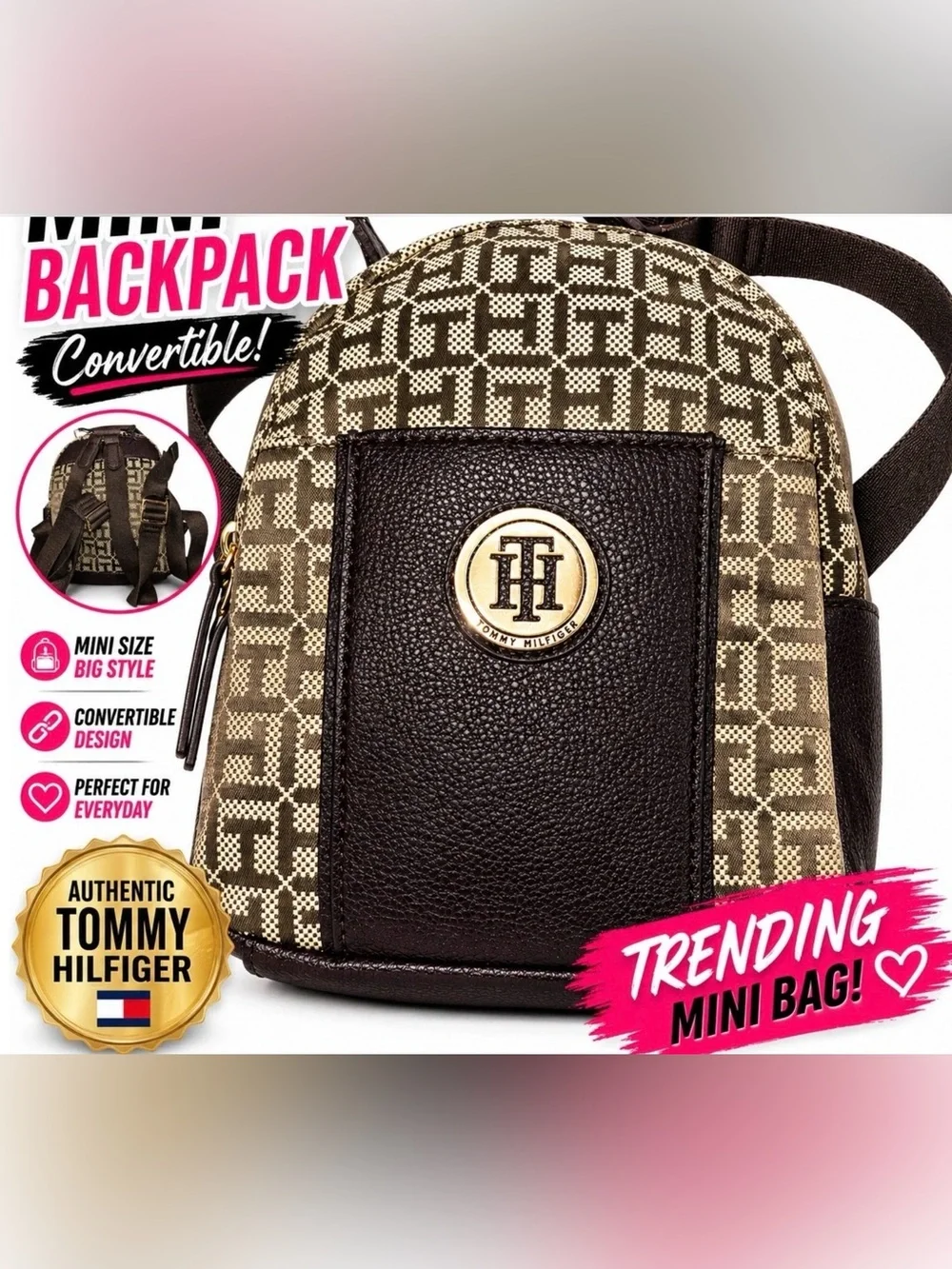 Tommy Hilfiger Brown Logo Pattern Mini Backpack